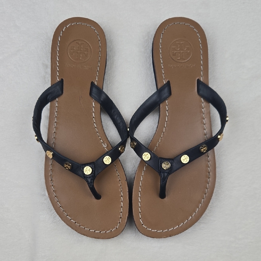 Tory Burch Sandals Flip Flops Size 8 Leather Black and Brown